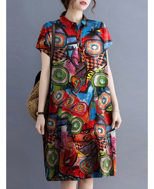 Abstract Painted Button Lapel Short Sleeve Print M...