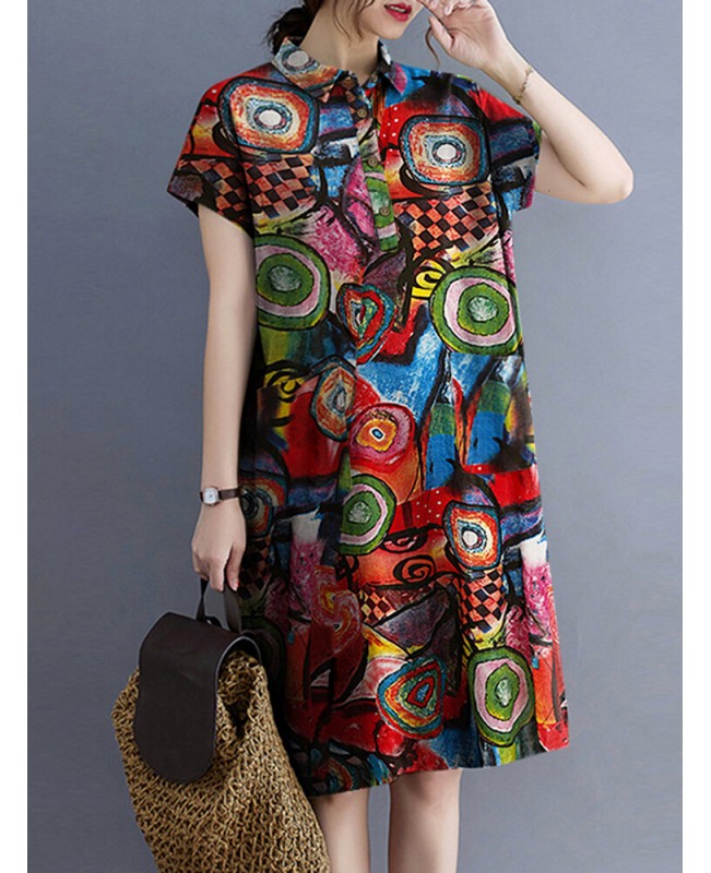 Abstract Painted Button Lapel Short Sleeve Print Midi Dress - Red S