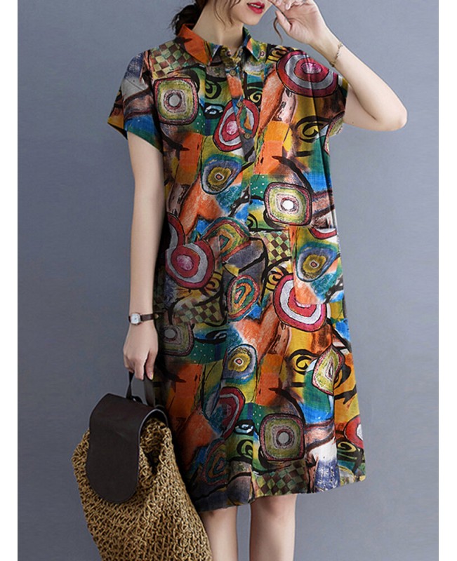 Abstract Painted Button Lapel Short Sleeve Print Midi Dress - Red S