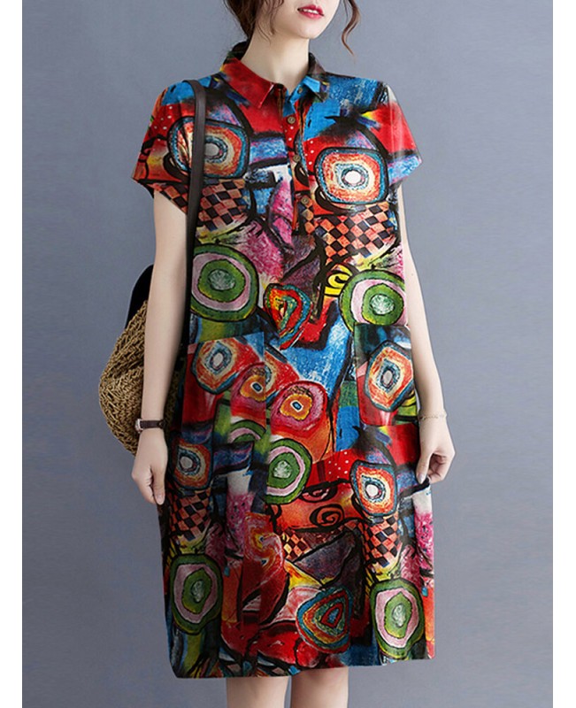 Abstract Painted Button Lapel Short Sleeve Print Midi Dress - Red S