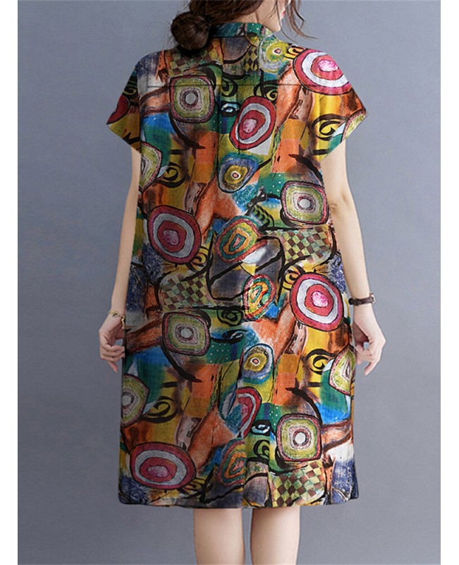 Abstract Painted Button Lapel Short Sleeve Print Midi Dress - Red S