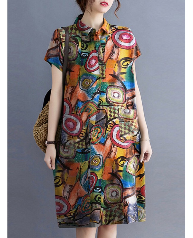 Abstract Painted Button Lapel Short Sleeve Print Midi Dress - Red S