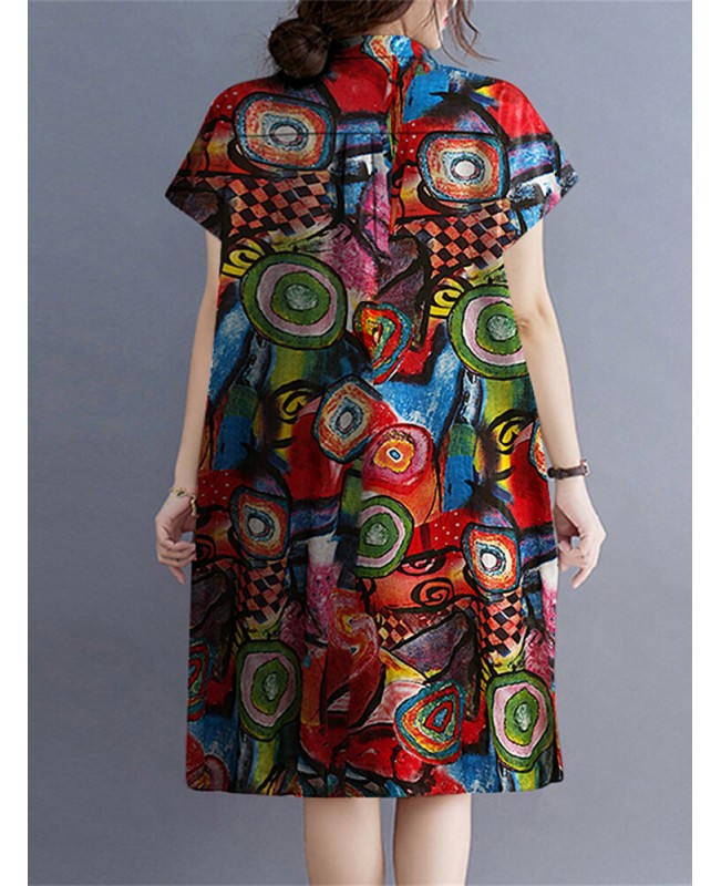 Abstract Painted Button Lapel Short Sleeve Print Midi Dress - Red S