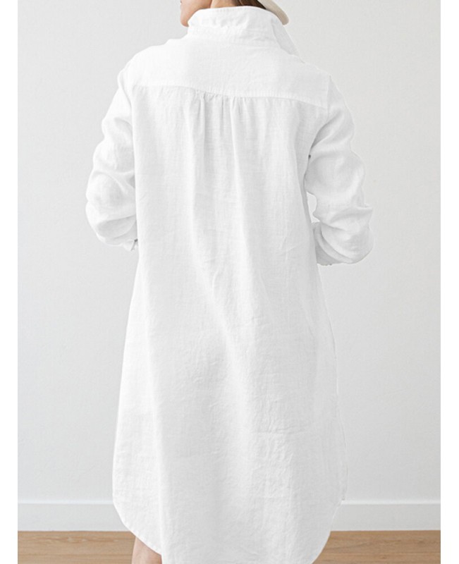 Women Solid Pocket Long Sleeve Lapel Vintage Dress - White S