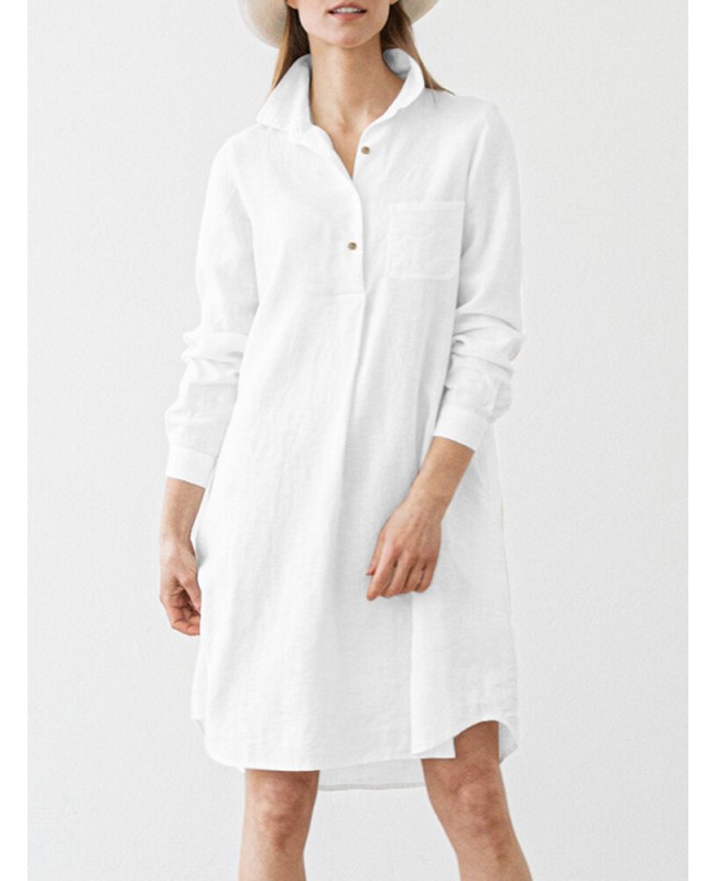 Women Solid Pocket Long Sleeve Lapel Vintage Dress - White S