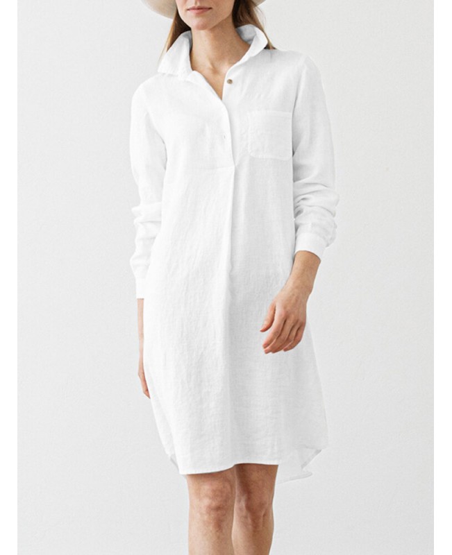 Women Solid Pocket Long Sleeve Lapel Vintage Dress - White S