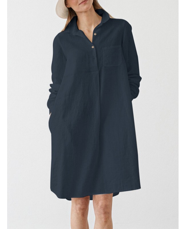 Women Solid Pocket Long Sleeve Lapel Vintage Dress - White S