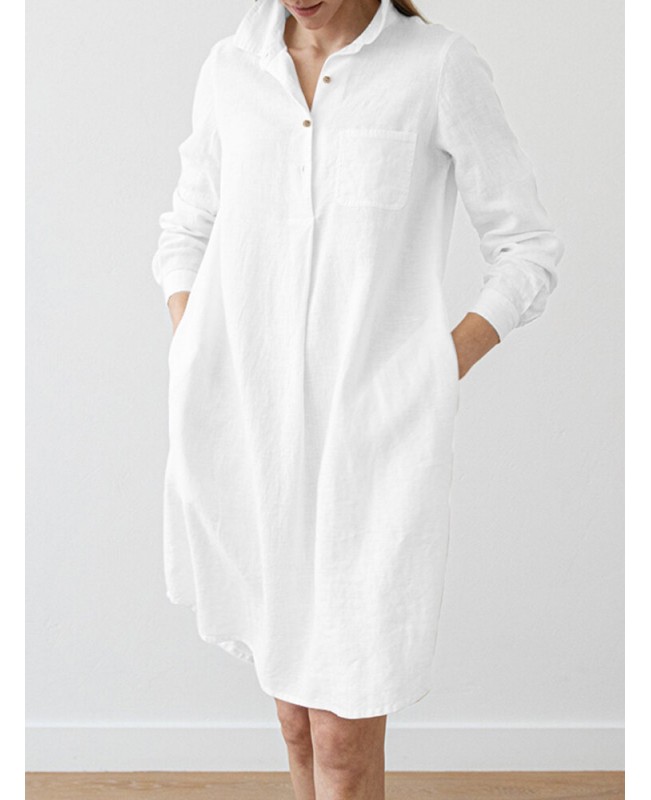 Women Solid Pocket Long Sleeve Lapel Vintage Dress - White S
