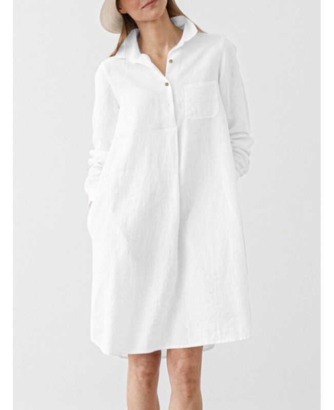 Women Solid Pocket Long Sleeve Lapel Vintage Dress - White S