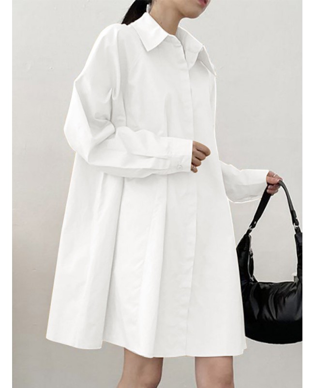 Solid Long Sleeve Lapel Button Front Casual Shirt Dress - Black S