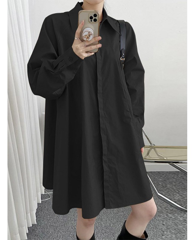 Solid Long Sleeve Lapel Button Front Casual Shirt Dress - Black S