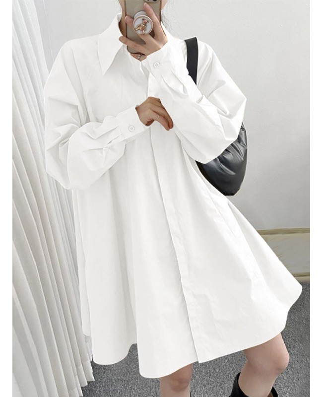 Solid Long Sleeve Lapel Button Front Casual Shirt Dress - Black S