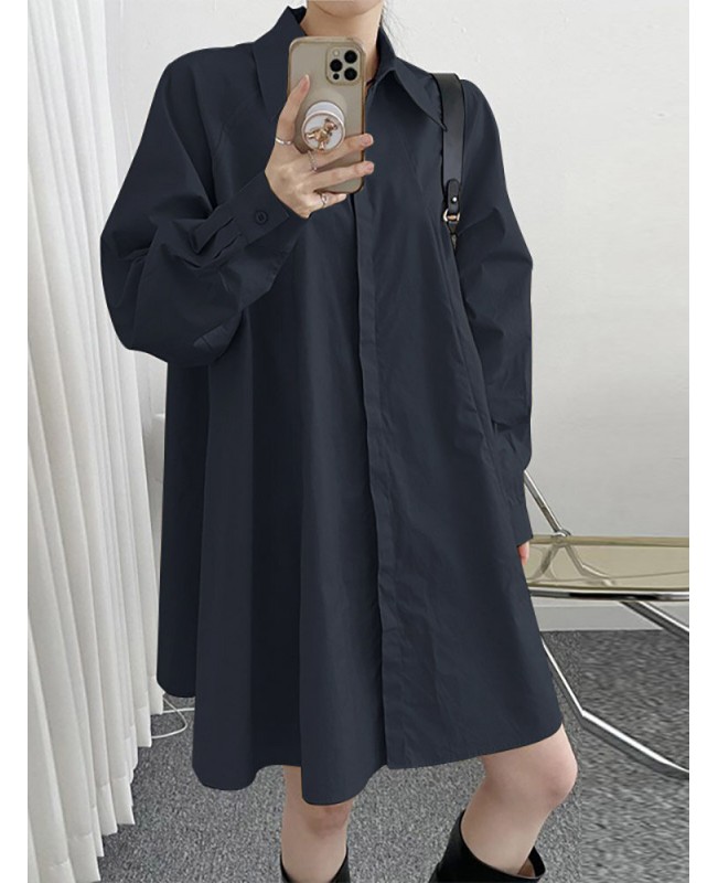 Solid Long Sleeve Lapel Button Front Casual Shirt Dress - Black S
