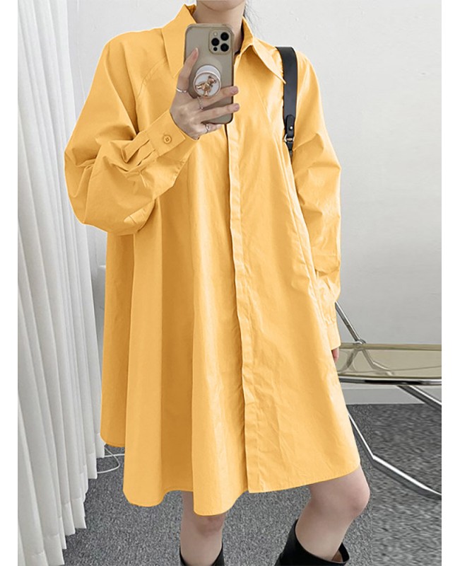 Solid Long Sleeve Lapel Button Front Casual Shirt Dress - Black S