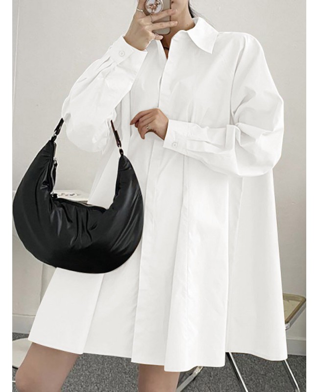 Solid Long Sleeve Lapel Button Front Casual Shirt Dress - Black S