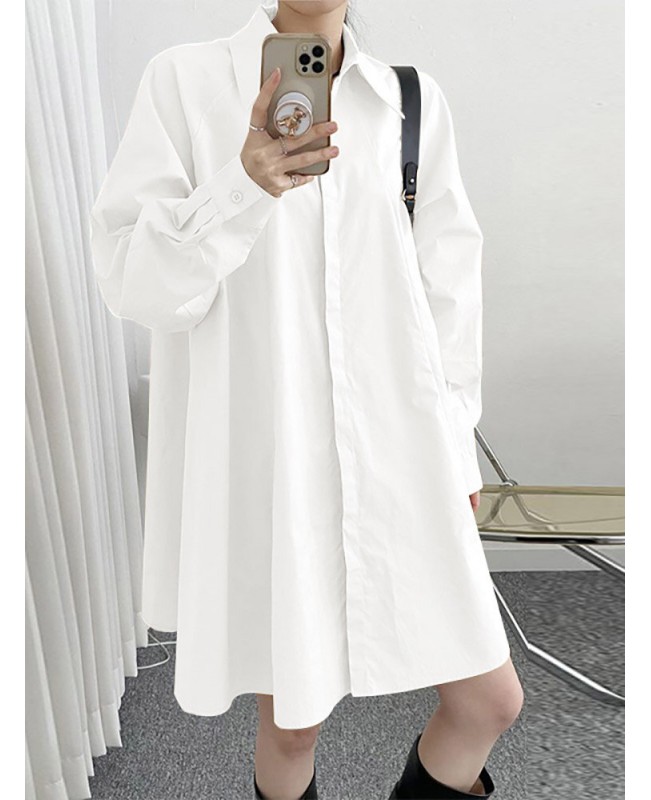 Solid Long Sleeve Lapel Button Front Casual Shirt Dress - Black S