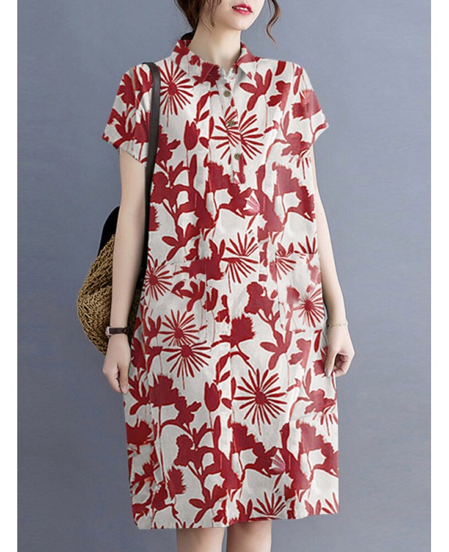 Plant Print Lapel Button Pocket Casual Midi Print Dress - Black S