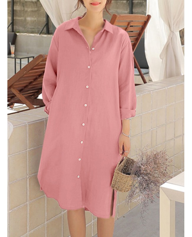 Solid Pocket Lapel Long Sleeve Casual Shirt Dress - Pink 3XL