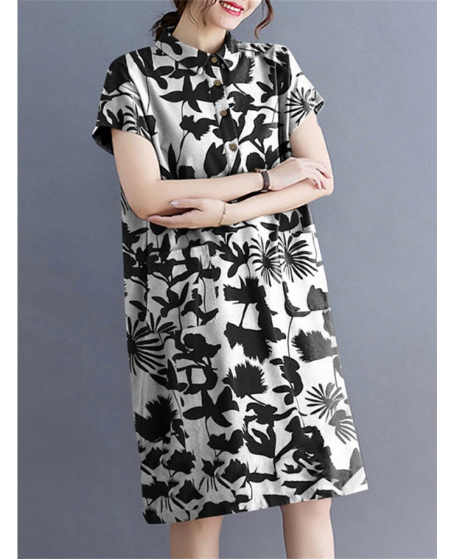 Plant Print Lapel Button Pocket Casual Midi Print Dress - Black S