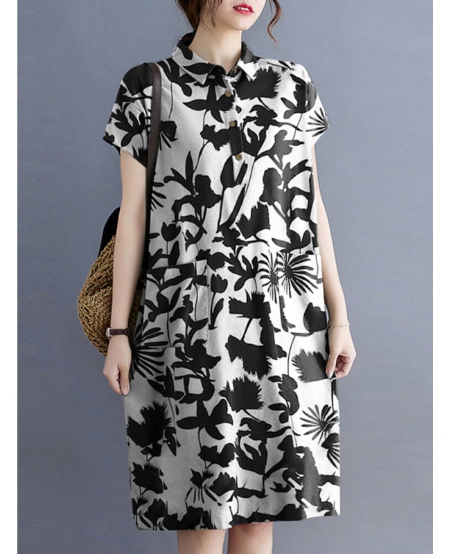 Plant Print Lapel Button Pocket Casual Midi Print Dress - Black S