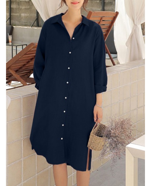 Solid Pocket Lapel Long Sleeve Casual Shirt Dress ...