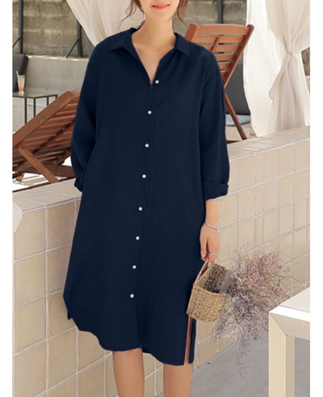 Solid Pocket Lapel Long Sleeve Casual Shirt Dress - Pink 3XL