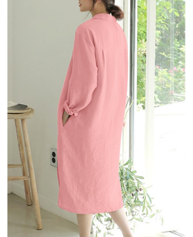 Solid Pocket Lapel Long Sleeve Casual Shirt Dress - Pink 3XL