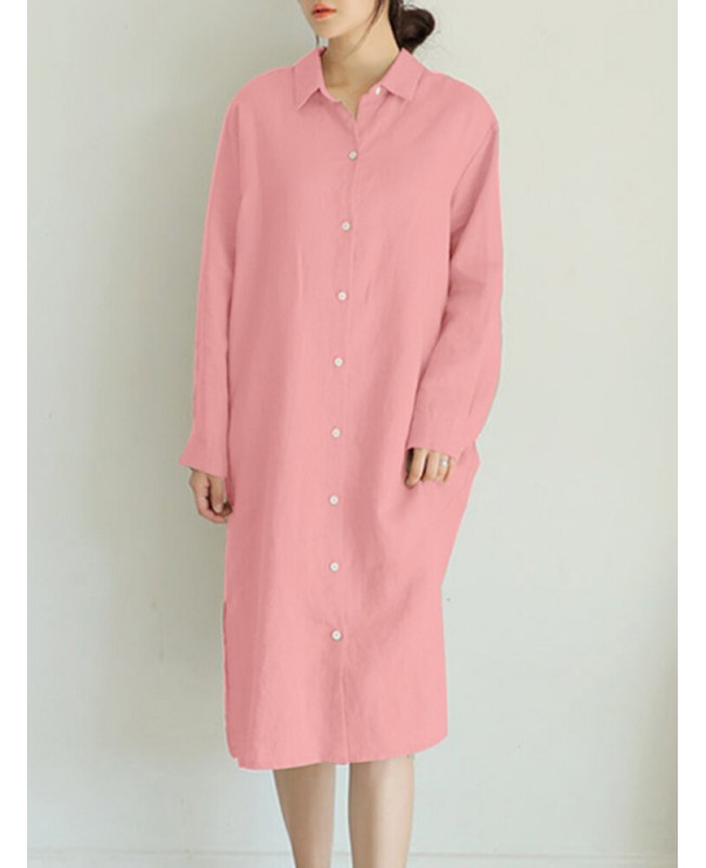 Solid Pocket Lapel Long Sleeve Casual Shirt Dress - Pink 3XL