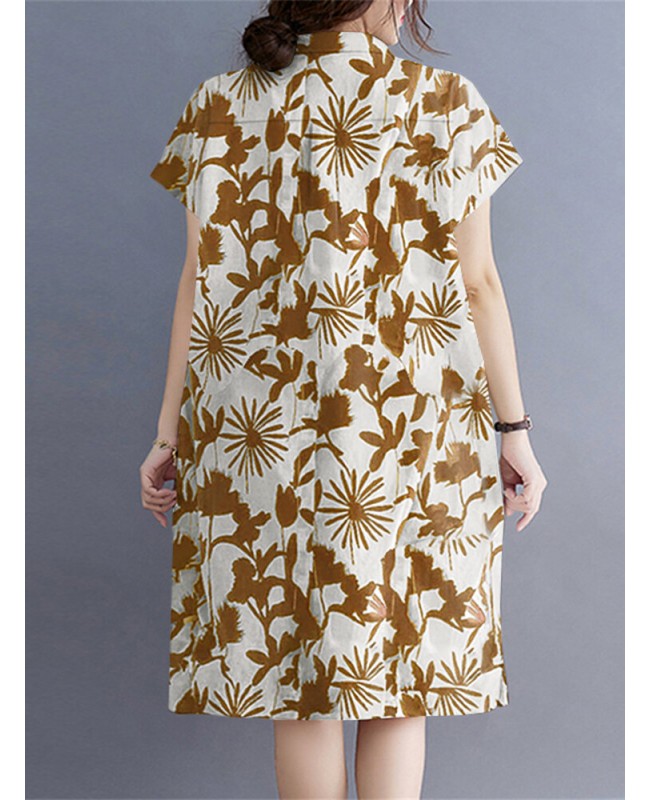 Plant Print Lapel Button Pocket Casual Midi Print Dress - Black S