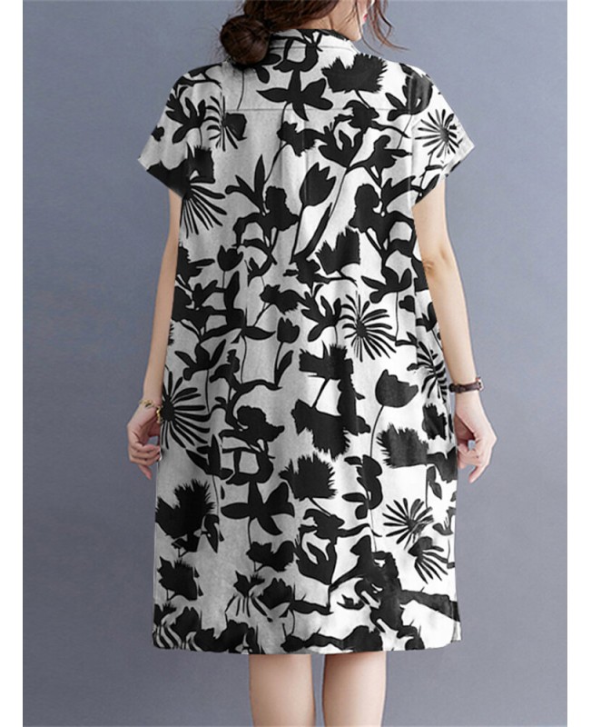 Plant Print Lapel Button Pocket Casual Midi Print Dress - Black S