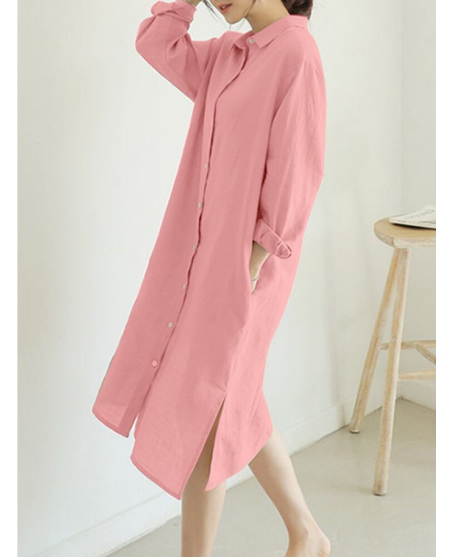 Solid Pocket Lapel Long Sleeve Casual Shirt Dress - Pink 3XL