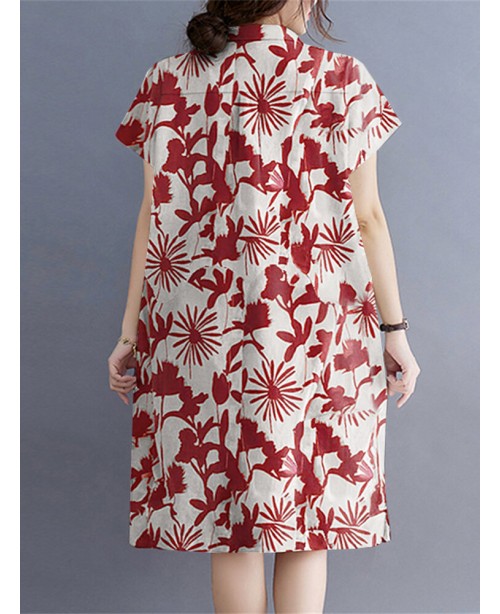 Plant Print Lapel Button Pocket Casual Midi Print ...