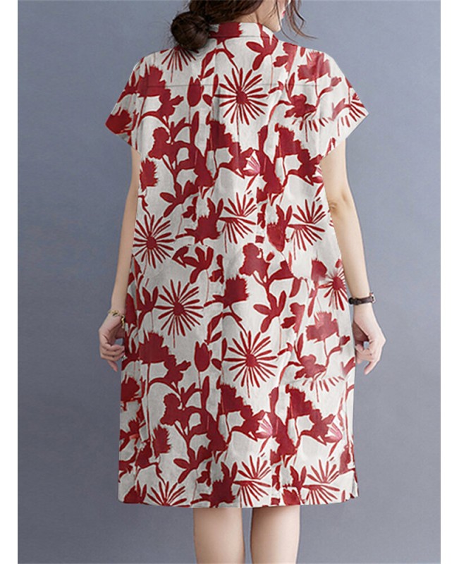 Plant Print Lapel Button Pocket Casual Midi Print Dress - Black S