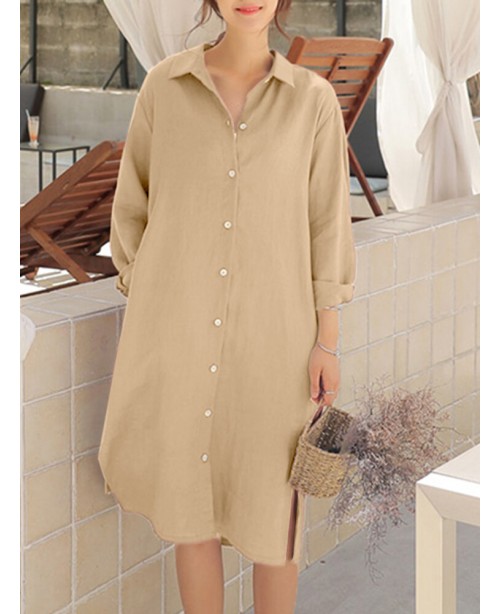 Solid Pocket Lapel Long Sleeve Casual Shirt Dress ...