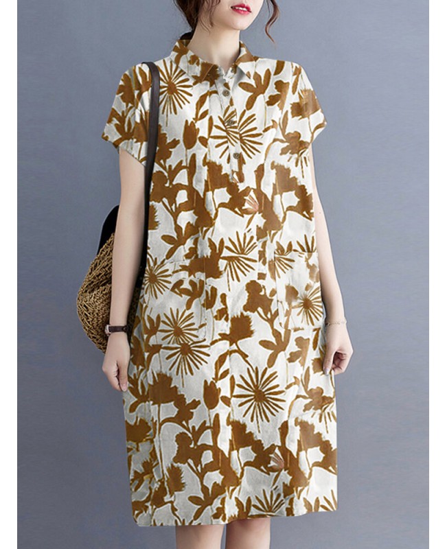 Plant Print Lapel Button Pocket Casual Midi Print Dress - Black S