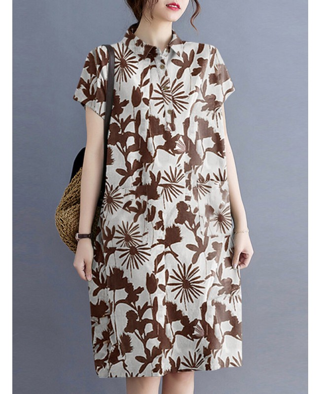 Plant Print Lapel Button Pocket Casual Midi Print Dress - Black S