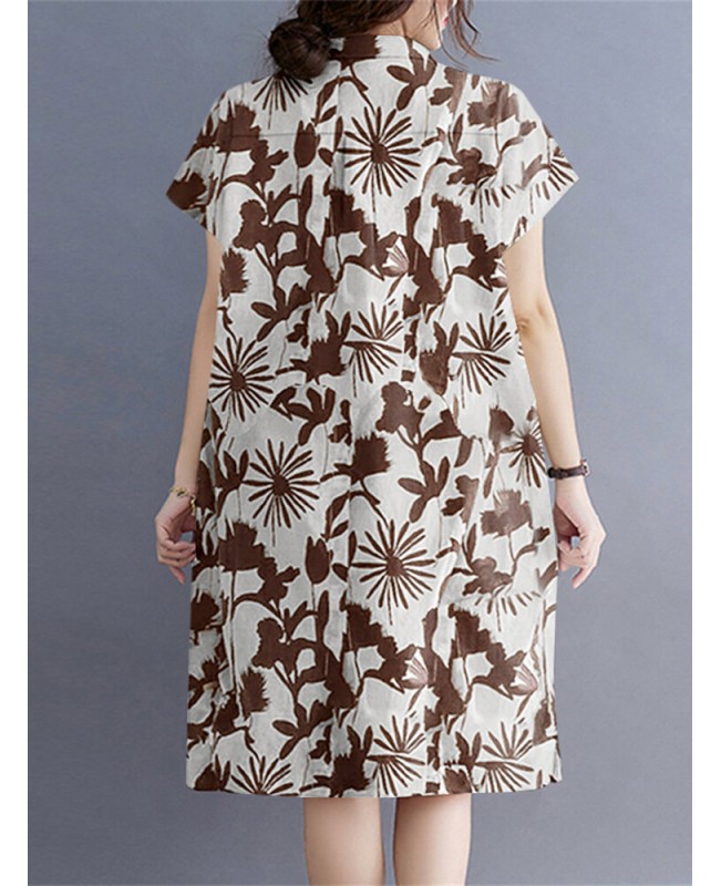 Plant Print Lapel Button Pocket Casual Midi Print Dress - Black S