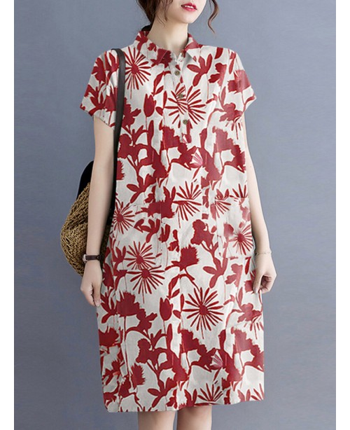 Plant Print Lapel Button Pocket Casual Midi Print ...