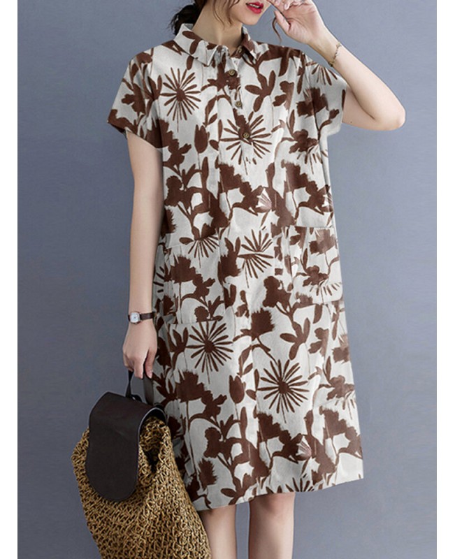 Plant Print Lapel Button Pocket Casual Midi Print Dress - Black S