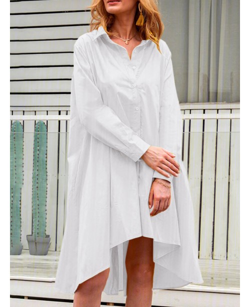 Casual Solid Color A-Line Pockets Loose Pleated Dr...