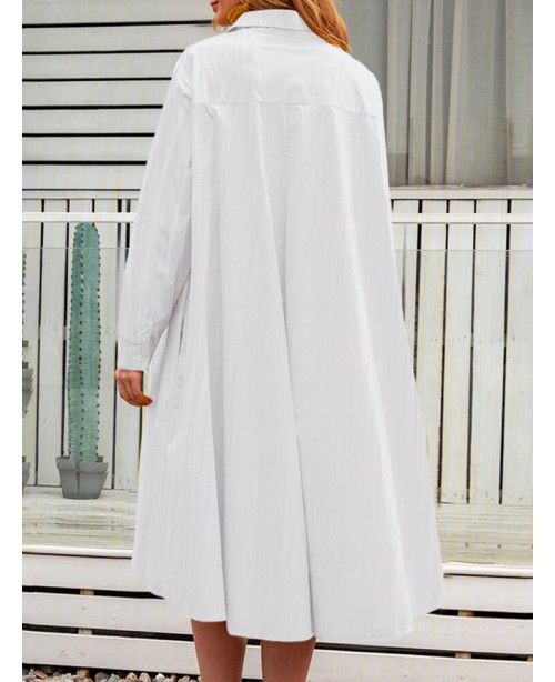 Casual Solid Color A-Line Pockets Loose Pleated Dr...