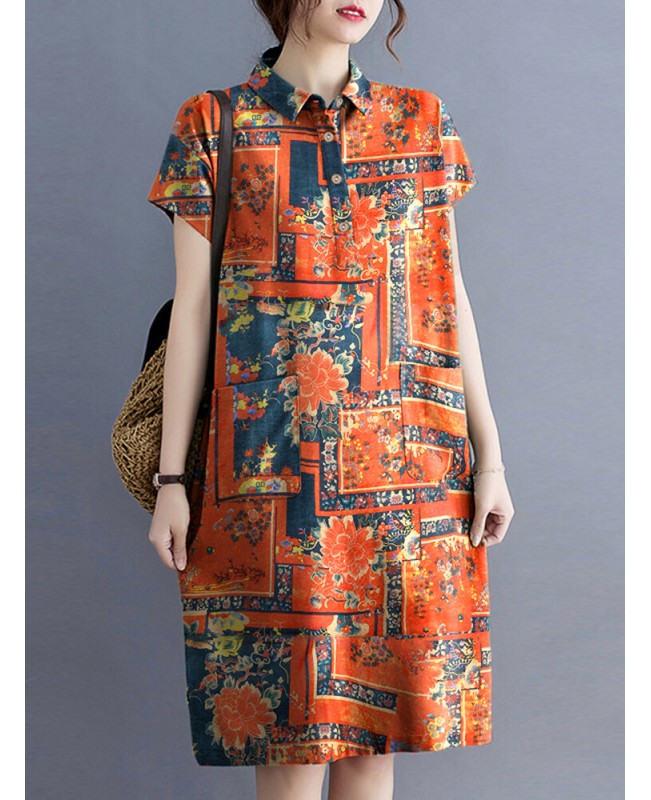 Cottagecore Letter Plaid Print Pocket Cotton Lapel Midi Dress - Orange S