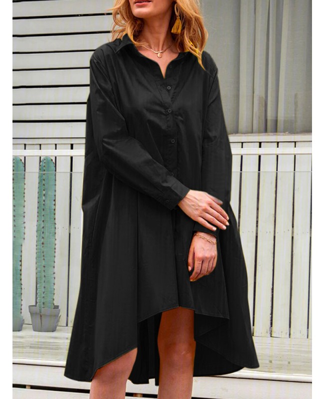 Casual Solid Color A-Line Pockets Loose Pleated Dress - Black S