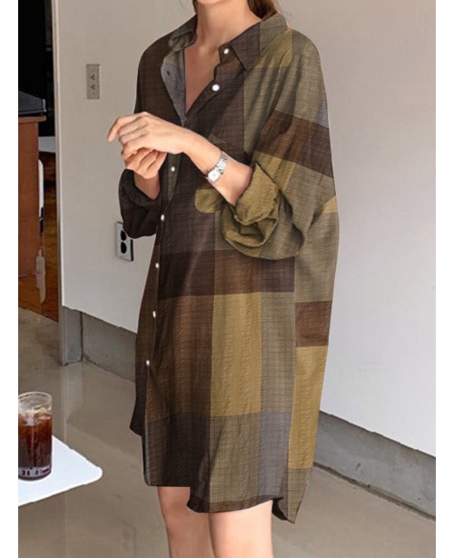 Plaid Button Pocket Long Sleeve Lapel Casual Shirt...