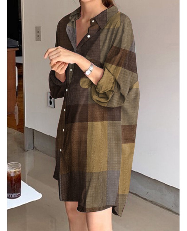Plaid Button Pocket Long Sleeve Lapel Casual Shirt Dress - Yellow S