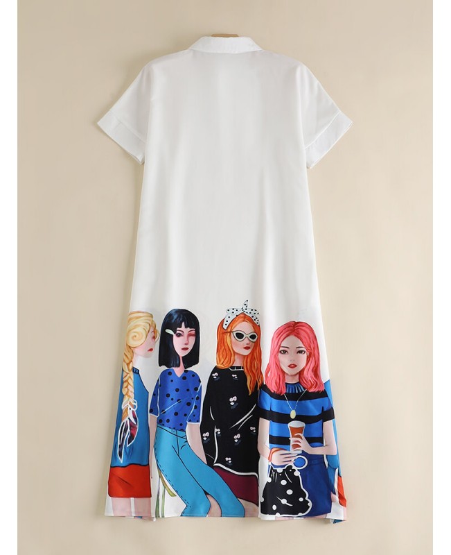Cartoon Girls Graphic Pocket Button Front Short Sleeve Dress - White S