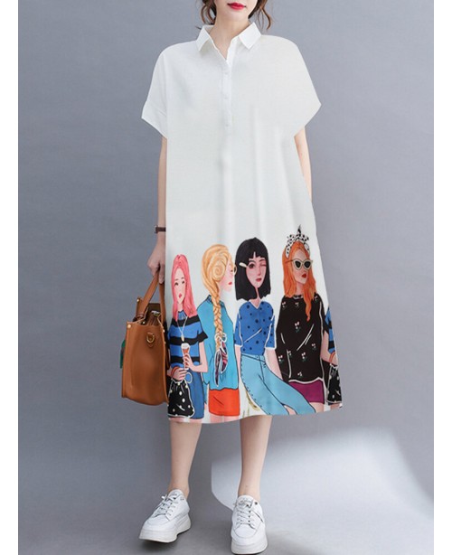 Cartoon Girls Graphic Pocket Button Front Short Sl...