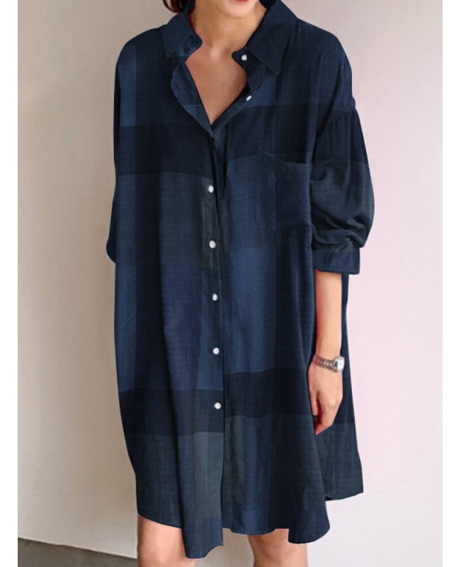 Plaid Button Pocket Long Sleeve Lapel Casual Shirt Dress - Yellow S