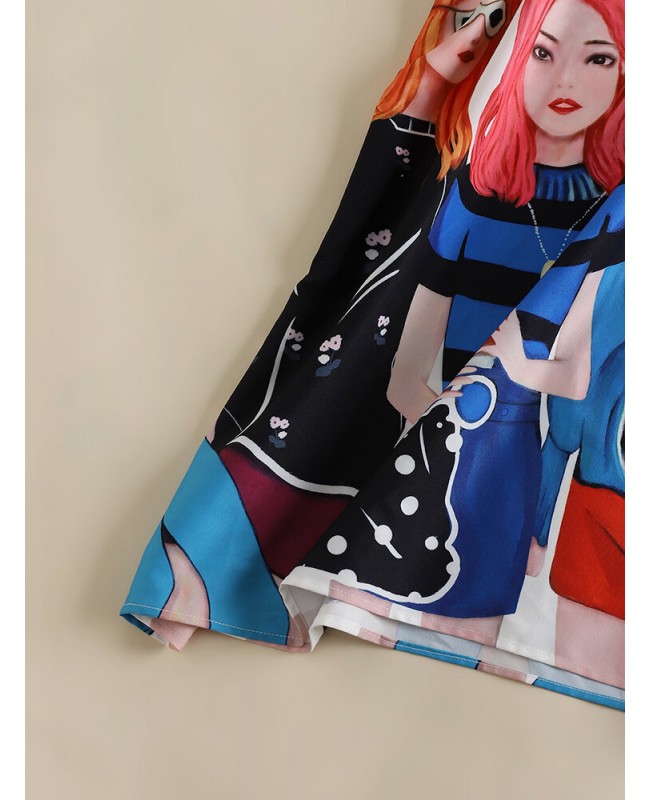 Cartoon Girls Graphic Pocket Button Front Short Sleeve Dress - White S