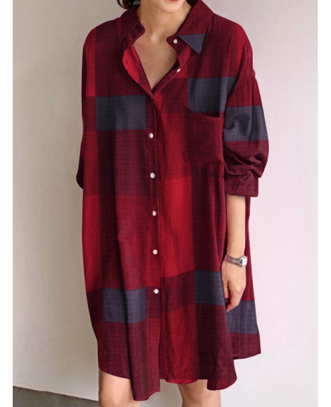 Plaid Button Pocket Long Sleeve Lapel Casual Shirt Dress - Yellow S